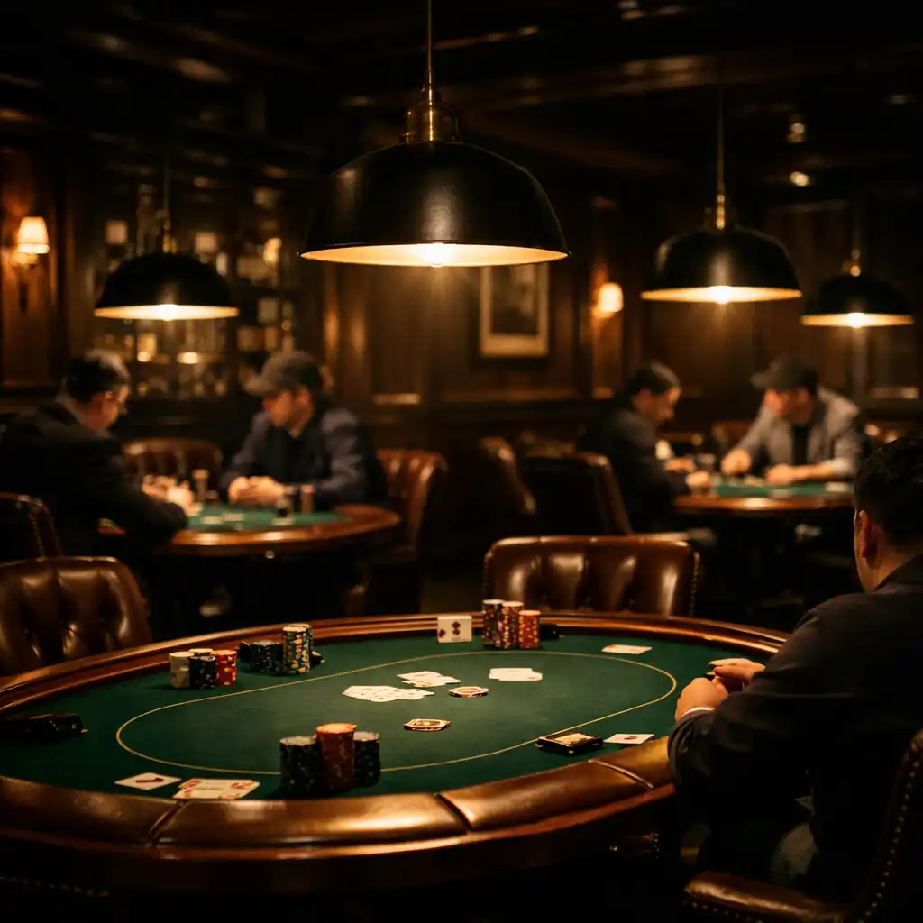 Interior of the upscale card room with custom poker tables and pendant lights