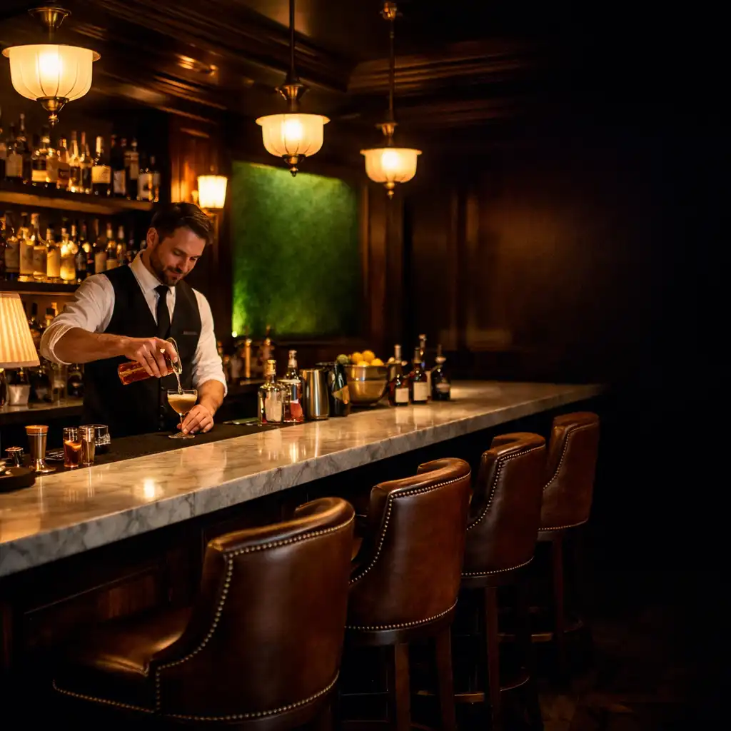 Interior of the luxurious Midnight Card Lounge cocktail bar with dark wood and brass lighting