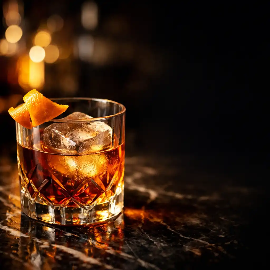 Close-up of a signature Midnight Card Lounge cocktail in a crystal glass with an orange twist