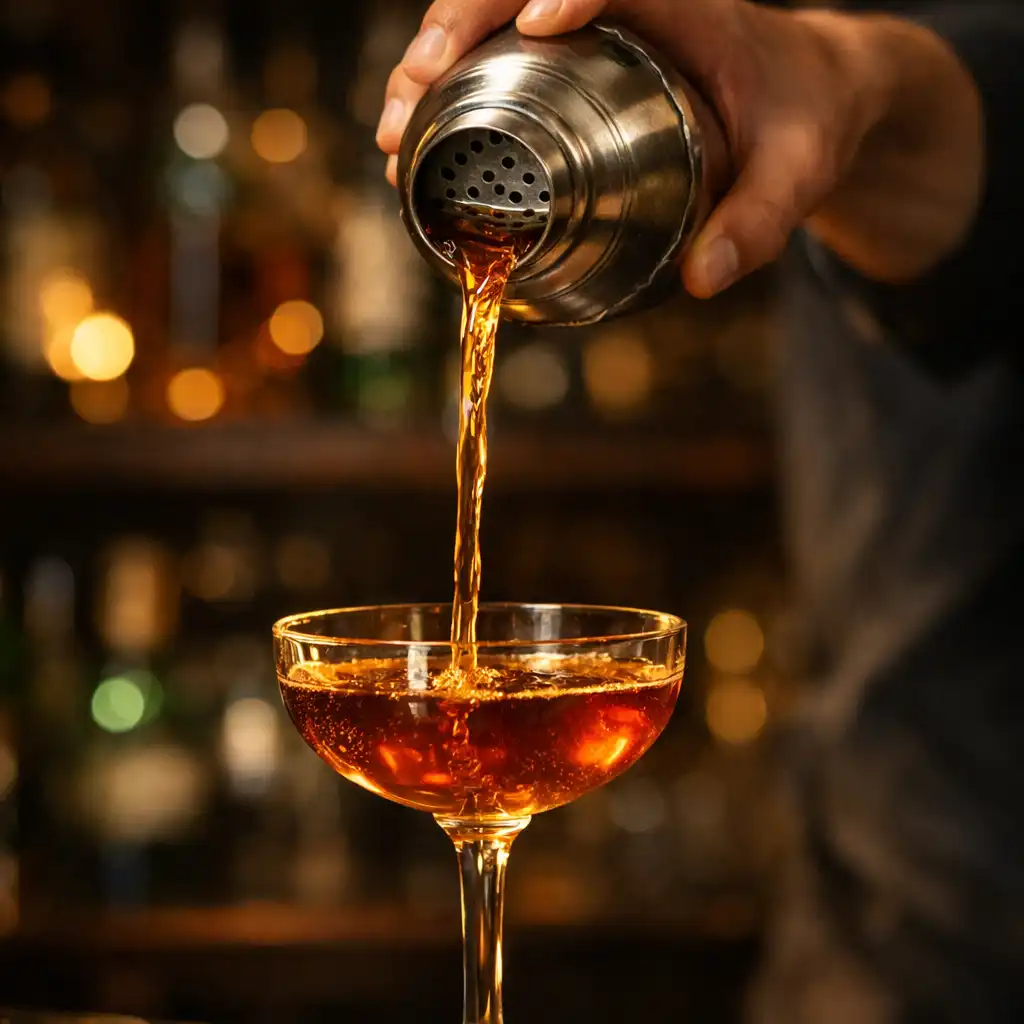 Bartender pouring an amber cocktail into a coupe glass