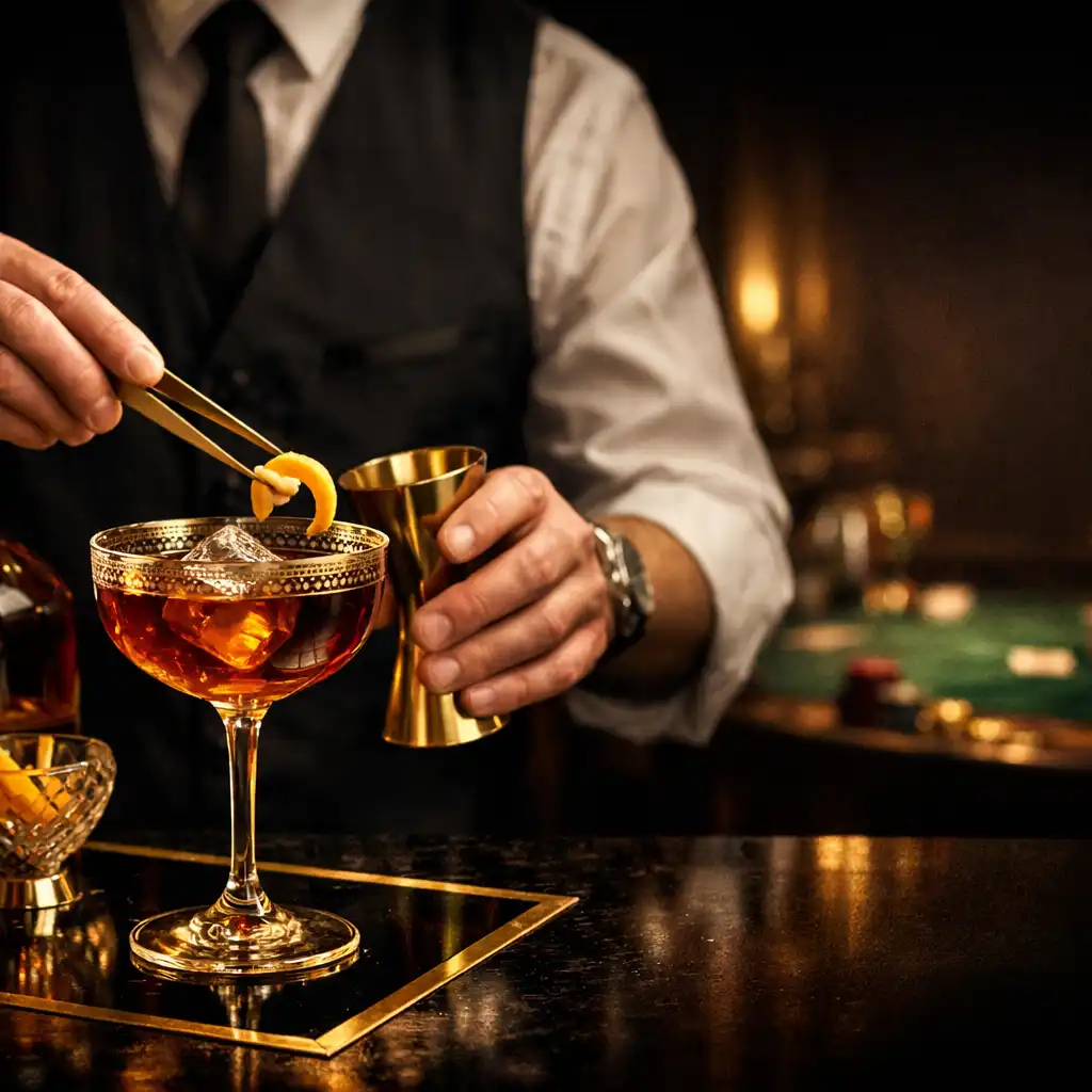 Bartender preparing a signature cocktail with premium spirits and gold-accented glassware in the VIP lounge