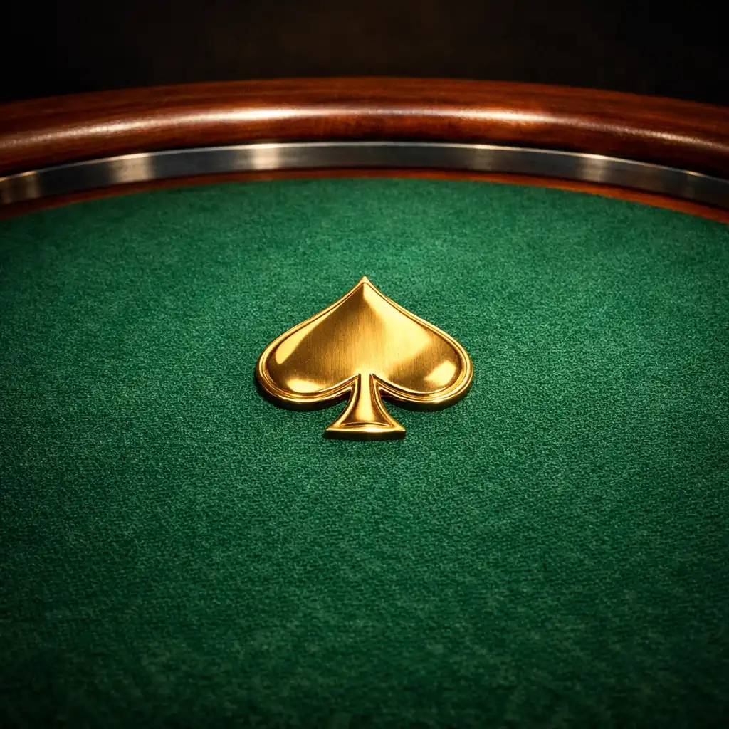 Close-up of a custom poker table showing premium green felt with a gold spade emblem
