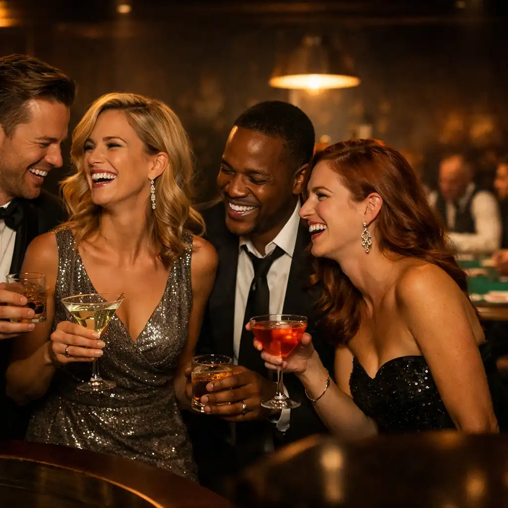 Elegantly dressed guests laughing and enjoying cocktails at the lounge