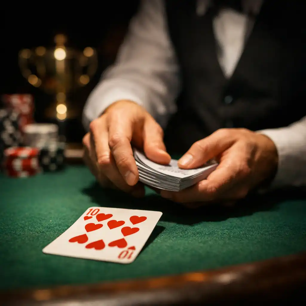 Dealer's hands dealing cards on a green felt table with chips and a trophy