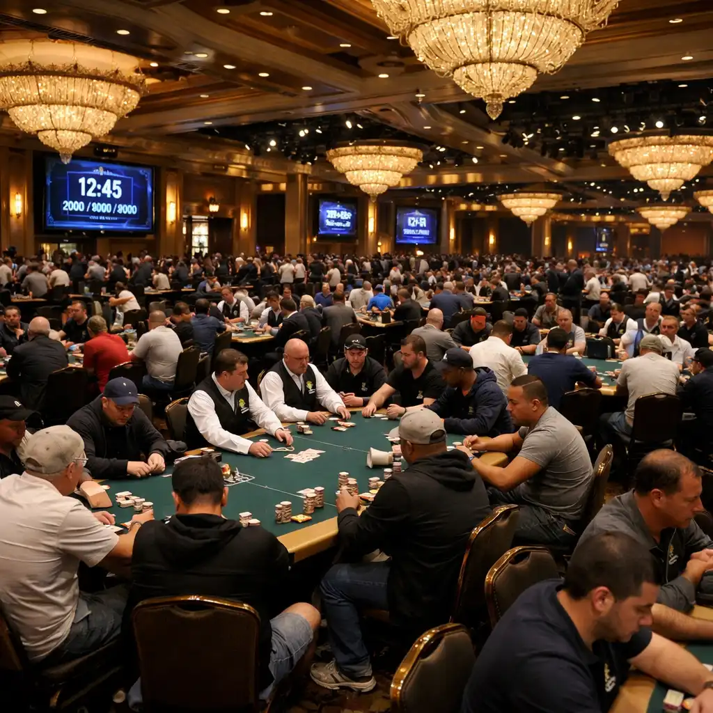Wide shot of the card room during a tournament with players at multiple tables
