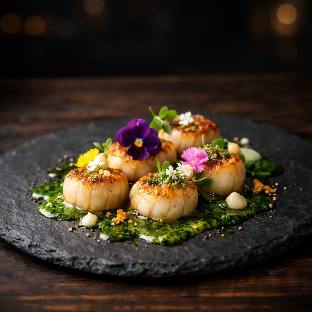 Seared scallops on a dark slate plate with herb oil and edible flowers