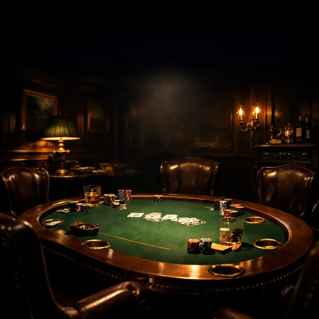Dimly lit card room with a green felt poker table and gold accents