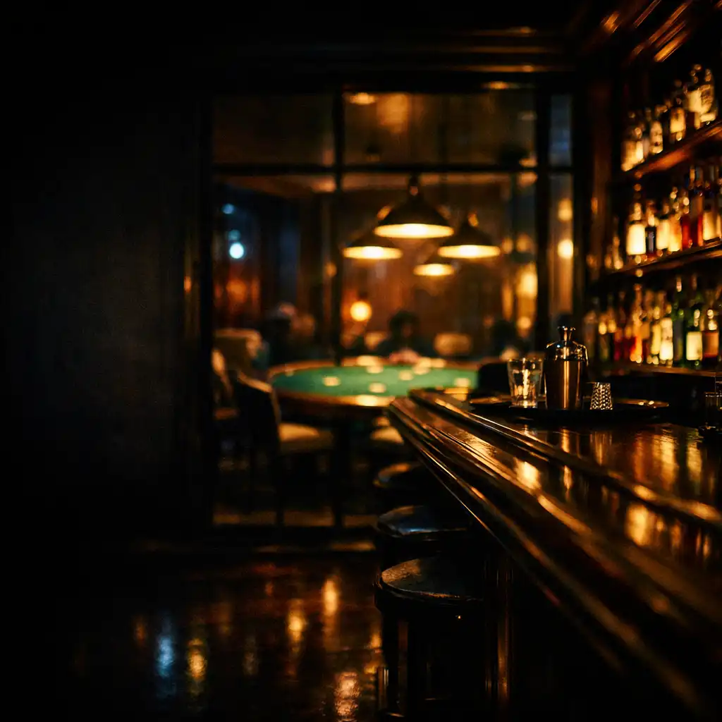 Moody late-night cocktail bar with a view into the card room at Midnight Card Lounge