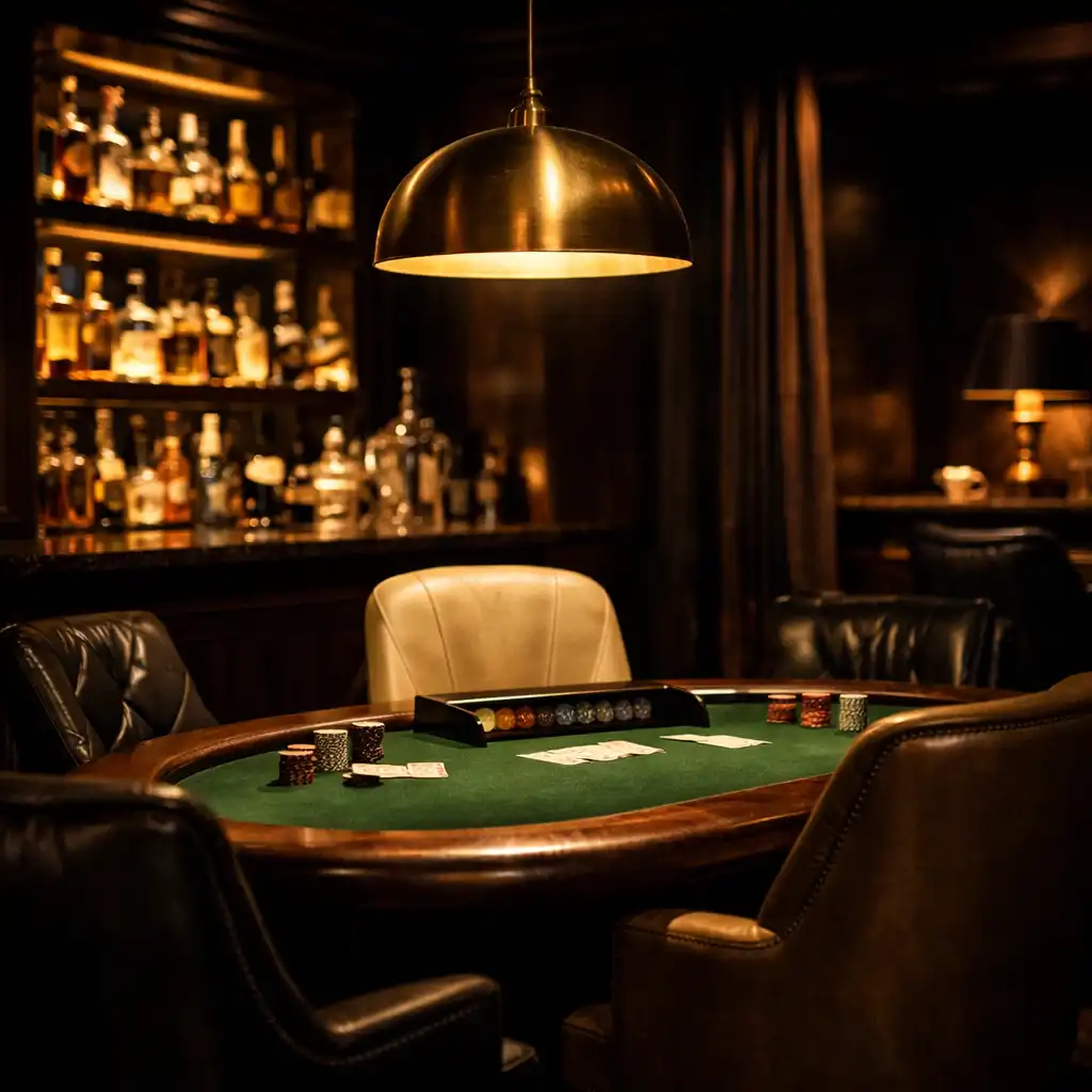 Intimate high roller lounge with a private poker table and backlit bar under a gold pendant light