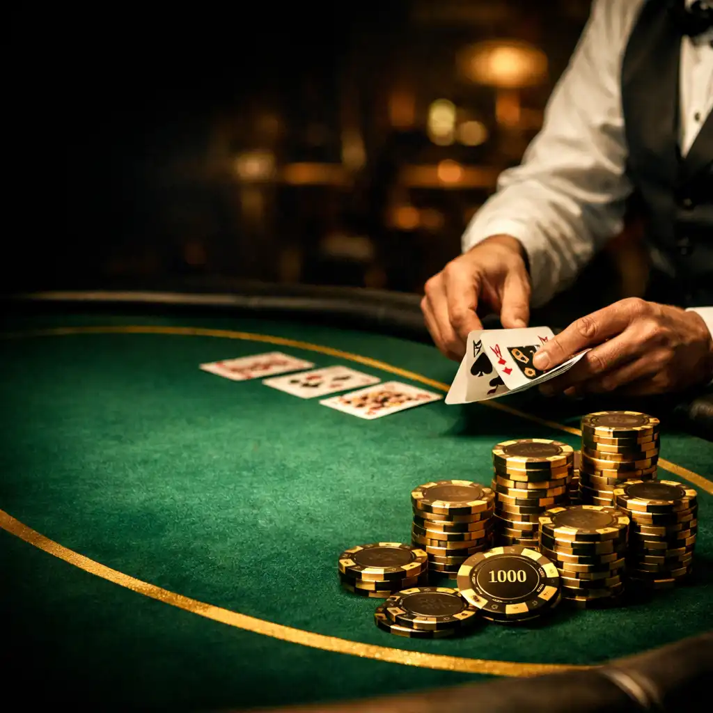 Close-up of a high-roller poker table with premium green felt, gold chip stacks, and a dealer dealing cards