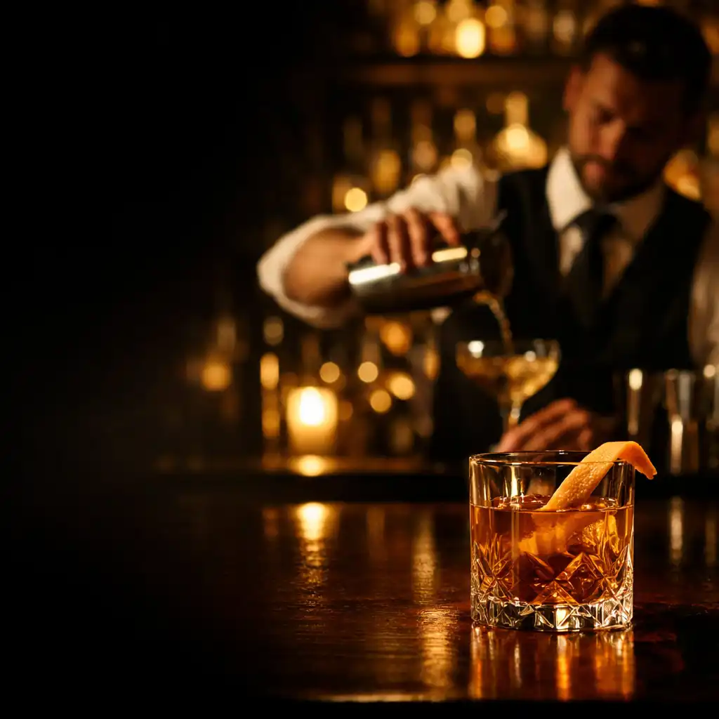 Dimly lit upscale bar with a bartender pouring a golden cocktail
