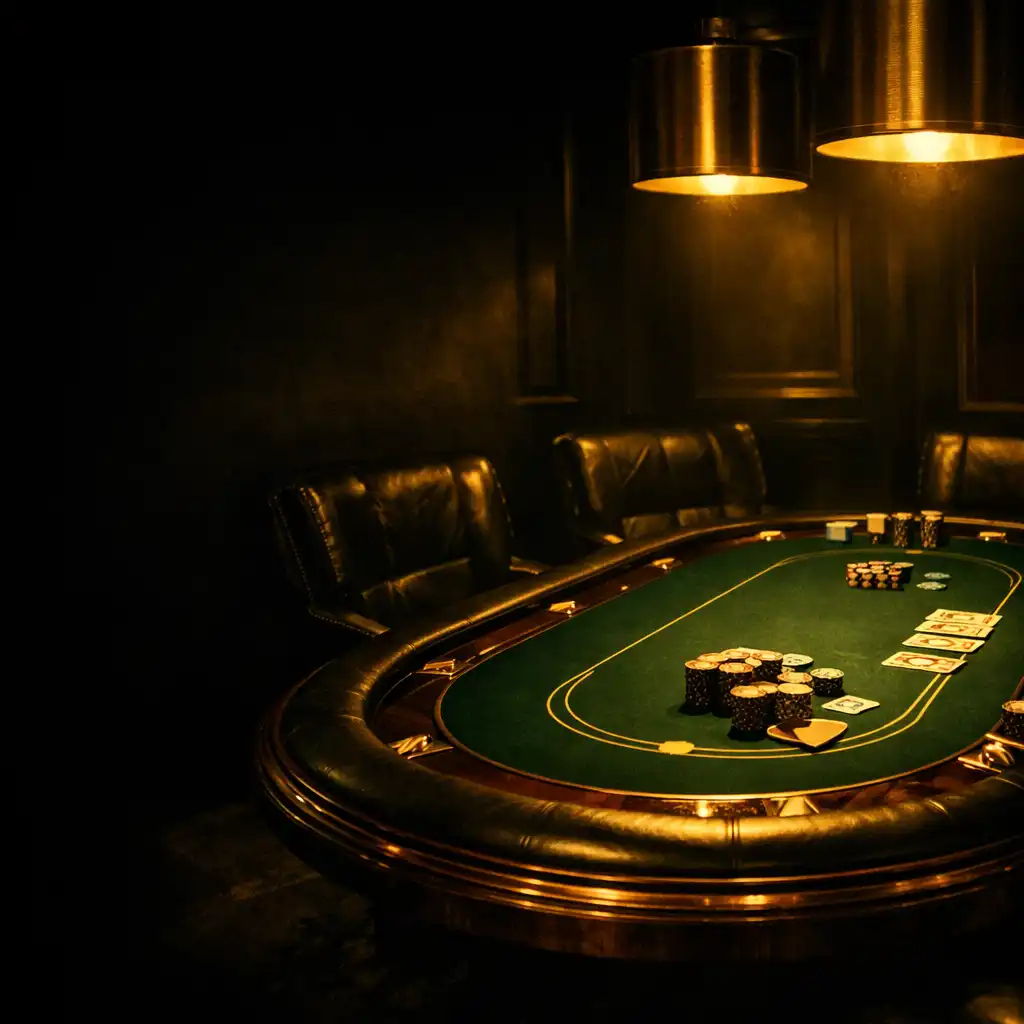 Moody interior of the Midnight Card Room with a custom poker table under warm gold lighting