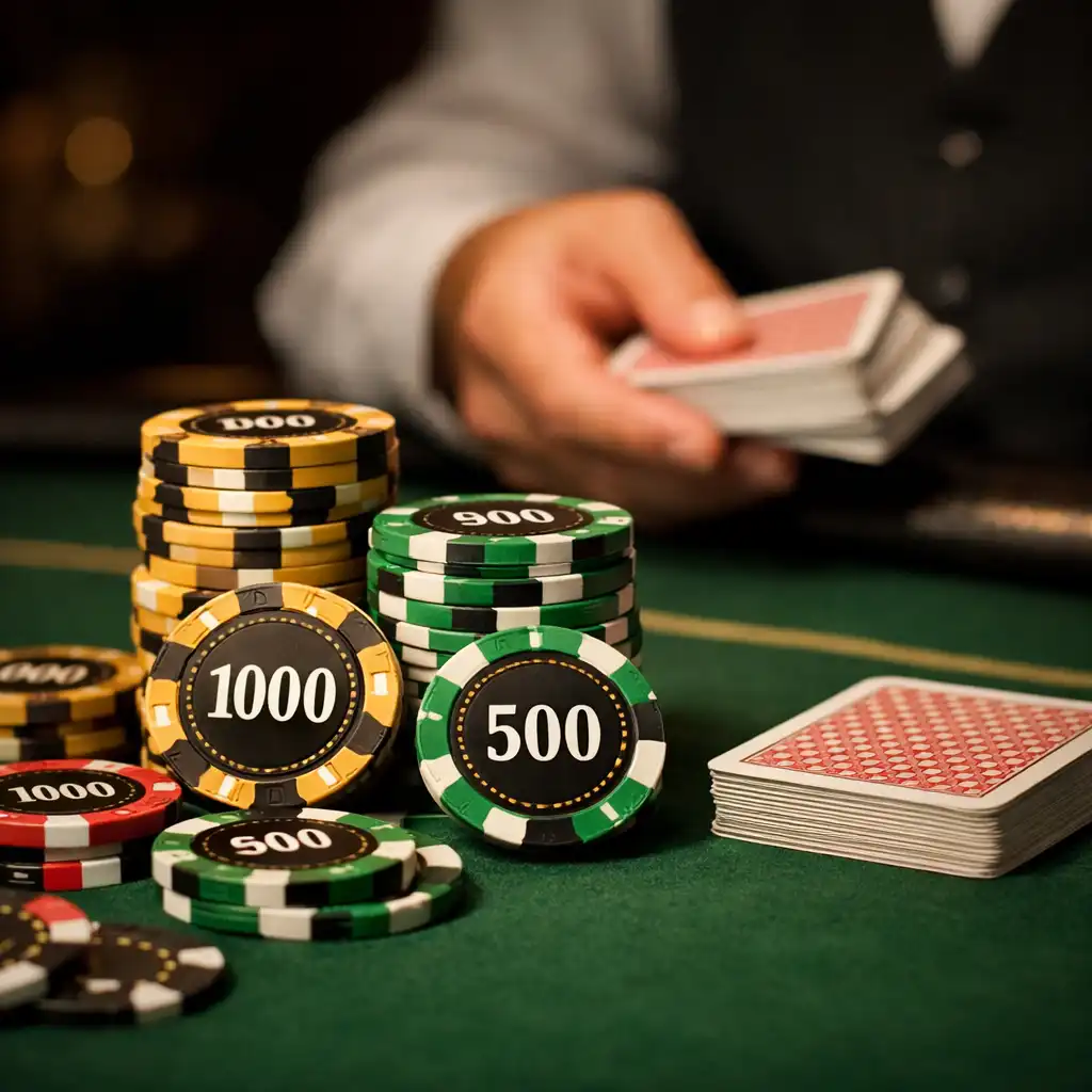 Close-up of tournament chips and cards on a poker table
