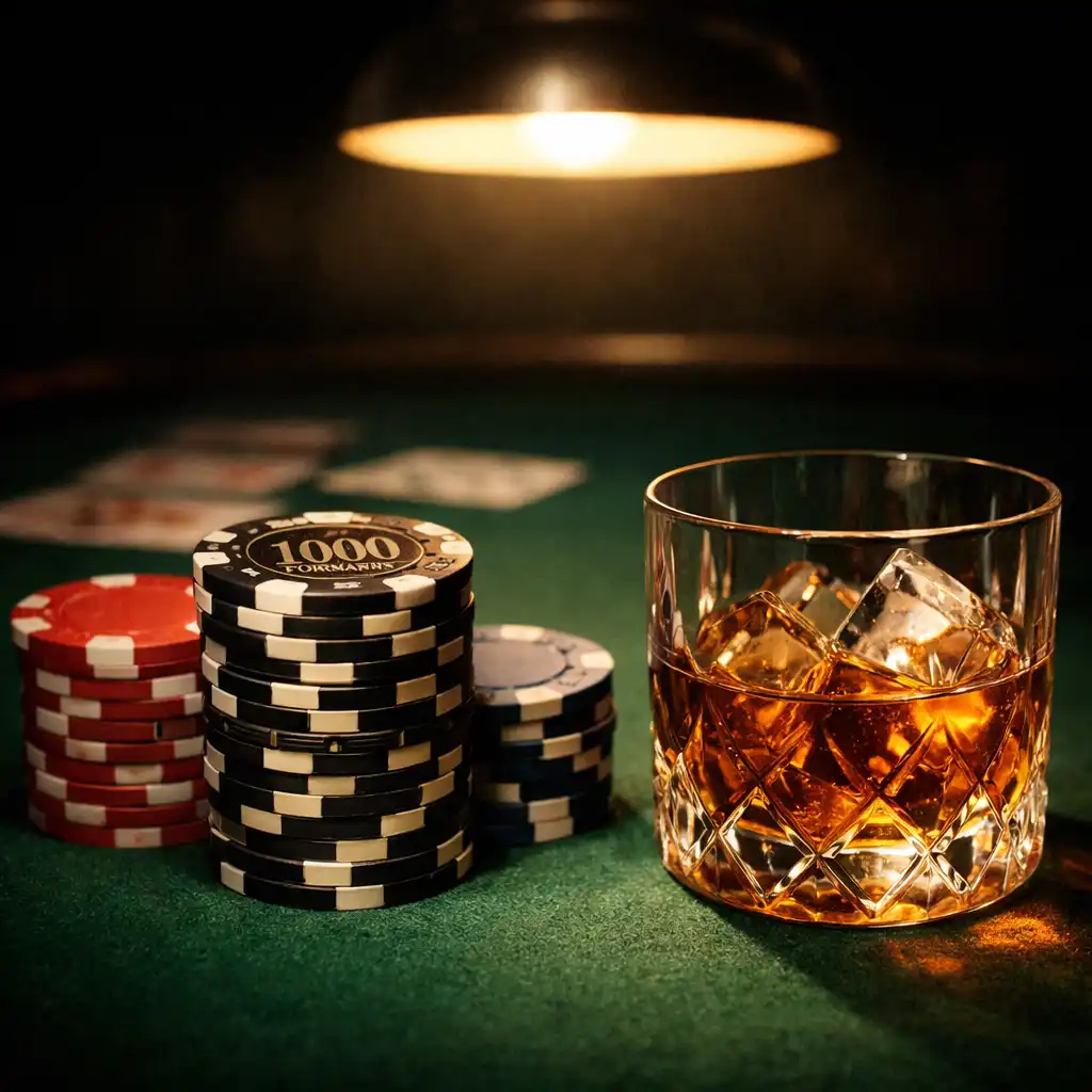 Poker table with green felt, tournament chips, and a crystal glass of whiskey