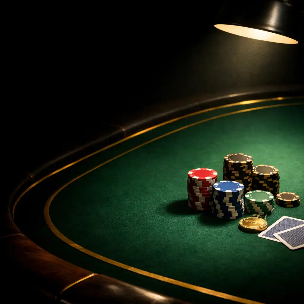 Custom poker table with green felt and tournament chips under a focused overhead lamp