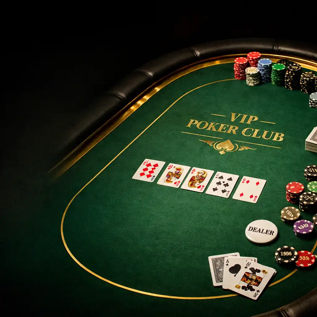 Private poker table with custom green felt, gold trim, high-quality chips, and cards set for a game