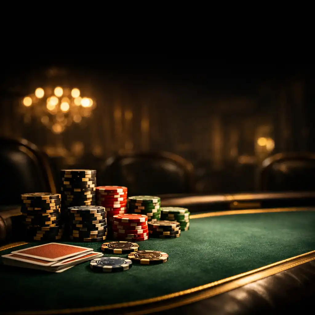 Luxurious poker table with tournament chips in a dimly lit card room