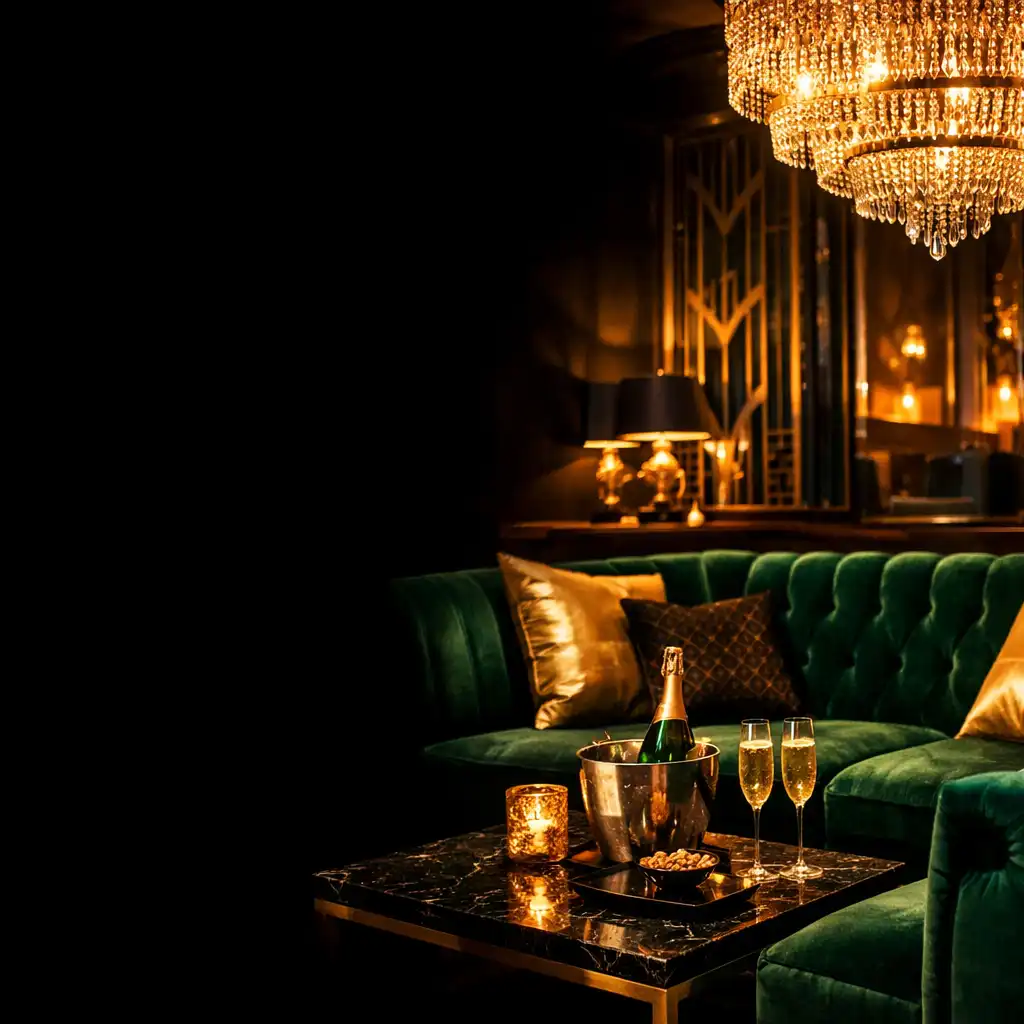 Luxurious VIP lounge area with emerald velvet seating, gold accents, and champagne service