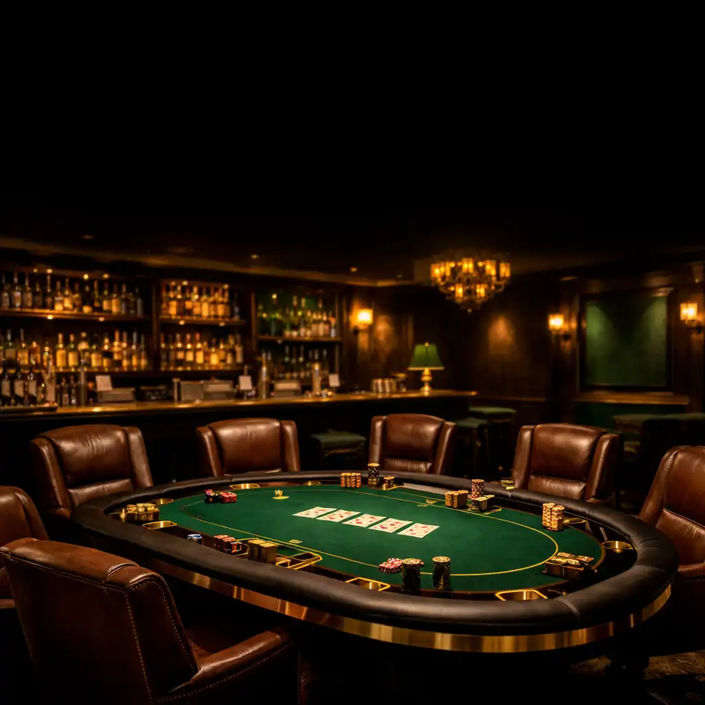Luxurious VIP poker lounge with a custom green felt table, gold accents, leather chairs, and a premium bar in the background
