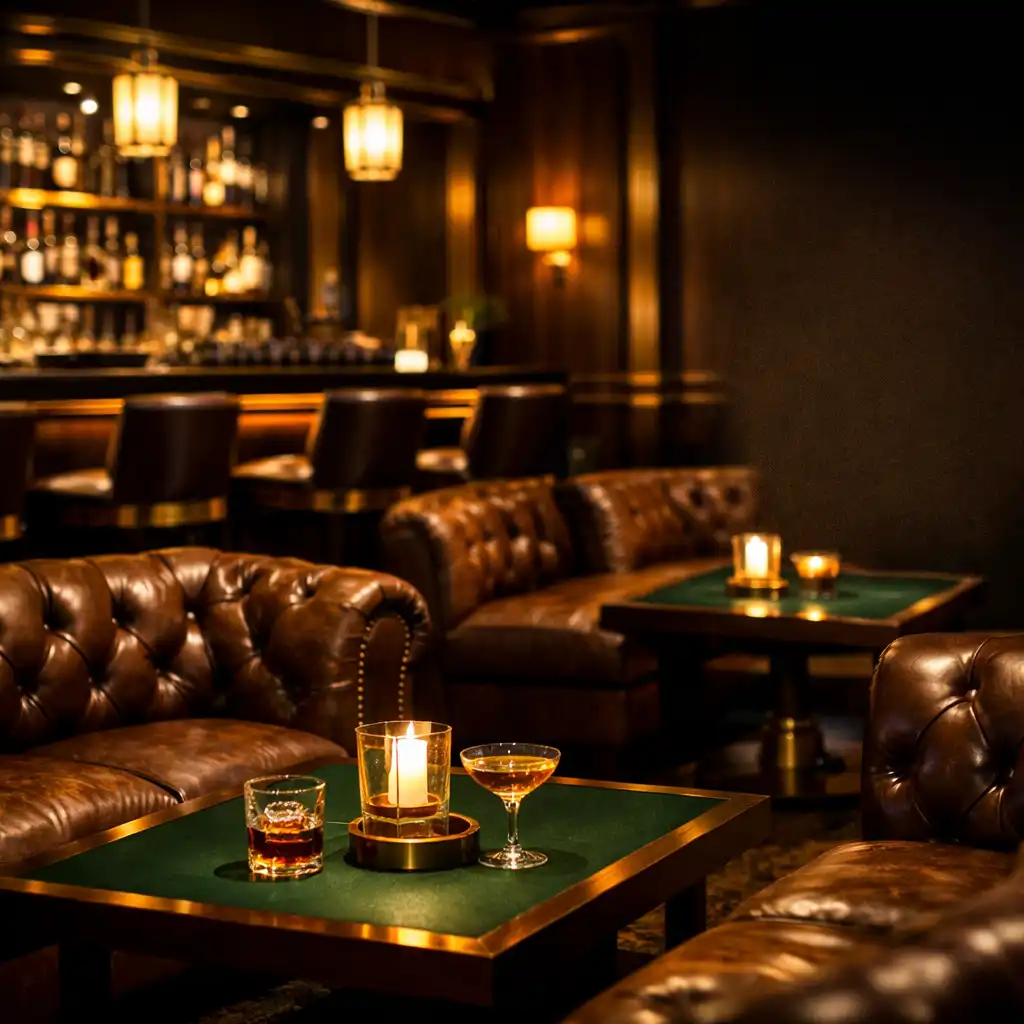 Plush leather sofas and low tables in the VIP lounge seating area with warm golden lighting